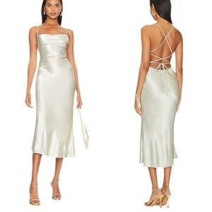 Stone Cold Fox Cassie Sage Green Satin Viscose Crisscross Back Midi Dress XS